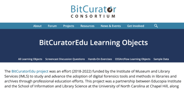Screenshot of the BitCuratorEdu Learning Object landing page