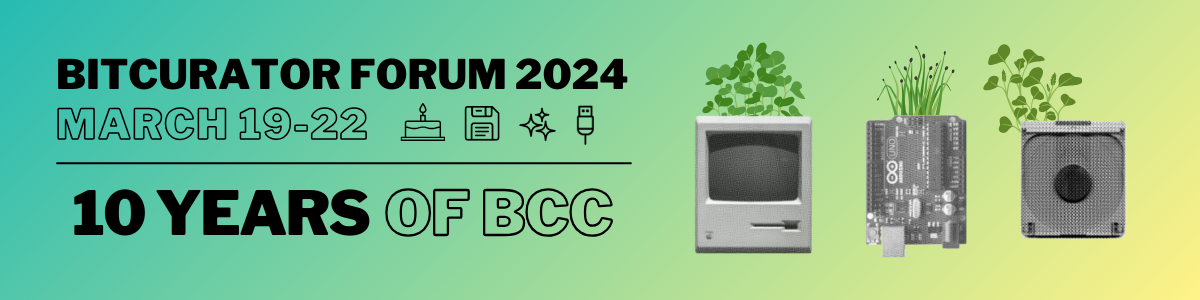 BitCurator Forum 2024 banner with images of a computer, motherboard, and CD drive with plants coming out of the top of each.